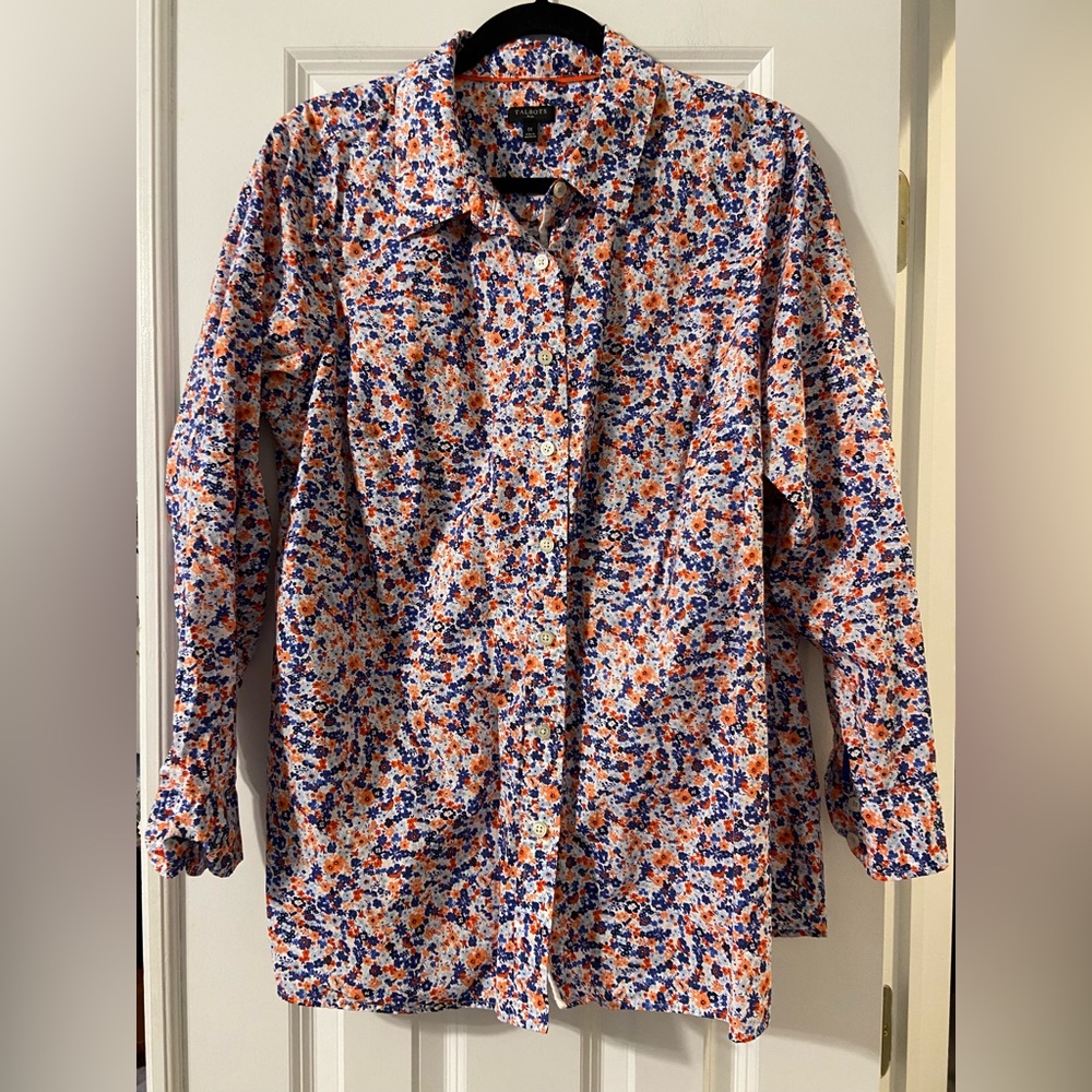Talbots Red & Blue Floral Long Sleeve Button-Up - 1X